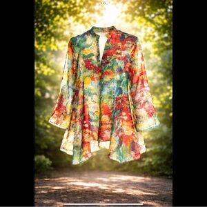 Chenault Floral Tunic Blouse | Boho Art Print Swing Top Size S